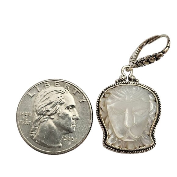 Sarda Sterling Silver Mother-of-Pearl Carved Lion Lever Back Earrings, Signed - Picture 9 of 10